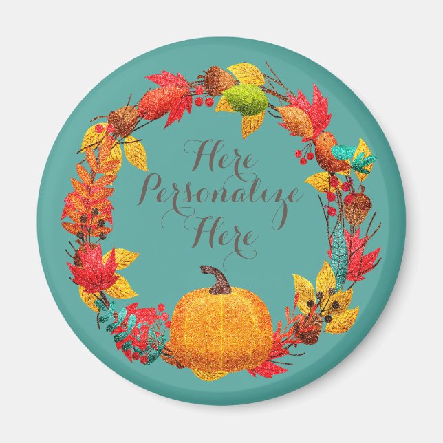 Fall pumpkin autumn leaf bird wreath teal orange  magnet (Front)