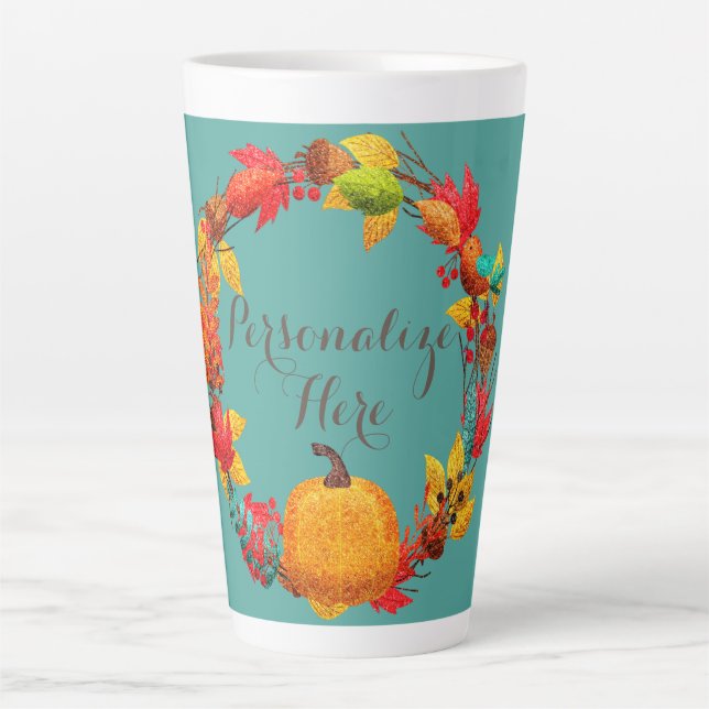 Fall pumpkin autumn leaf wreath orange teal blue latte mug (Front)