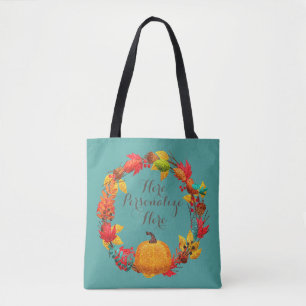 Fall pumpkin autumn leaf wreath teal brown orange tote bag