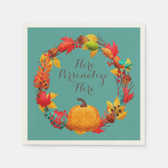 Fall pumpkin autumn leaf wreath teal orange brown napkin (Front)