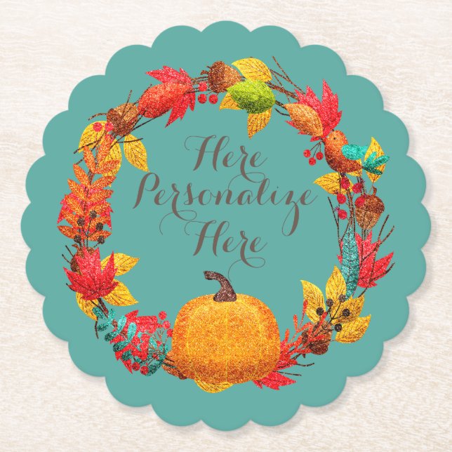 Fall pumpkin autumn leaf wreath teal orange brown  paper coaster (Front)