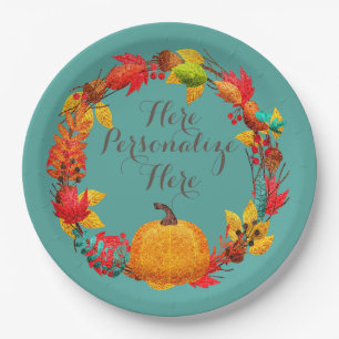 Fall pumpkin autumn leaves wreath teal orange paper plate
