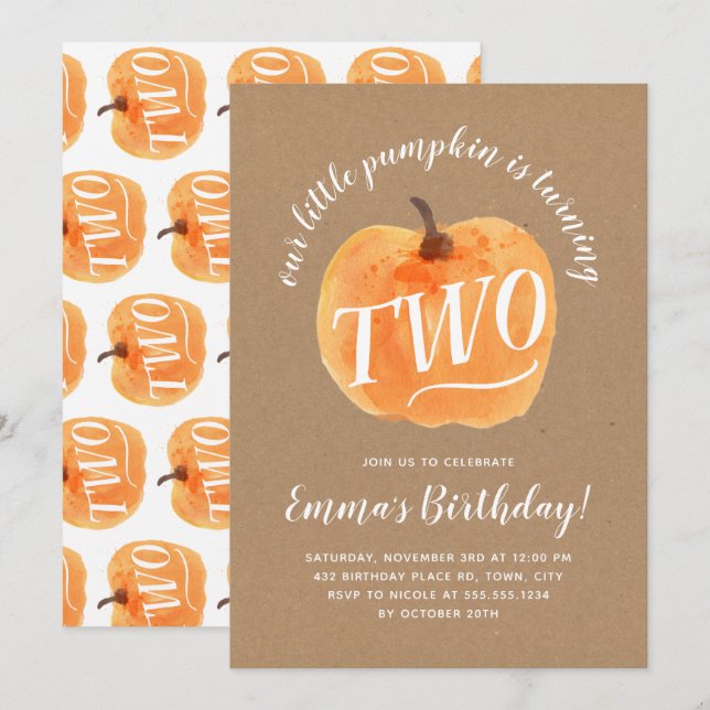 Fall Pumpkin Autumn Second Birthday Rustic Kraft Invitation (Front/Back)