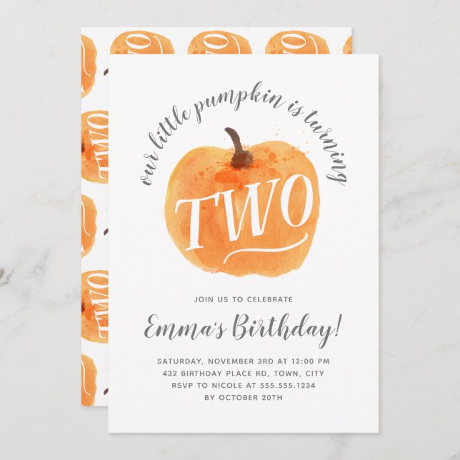 Fall Pumpkin Autumn Second Birthday White Invitation (Front/Back)