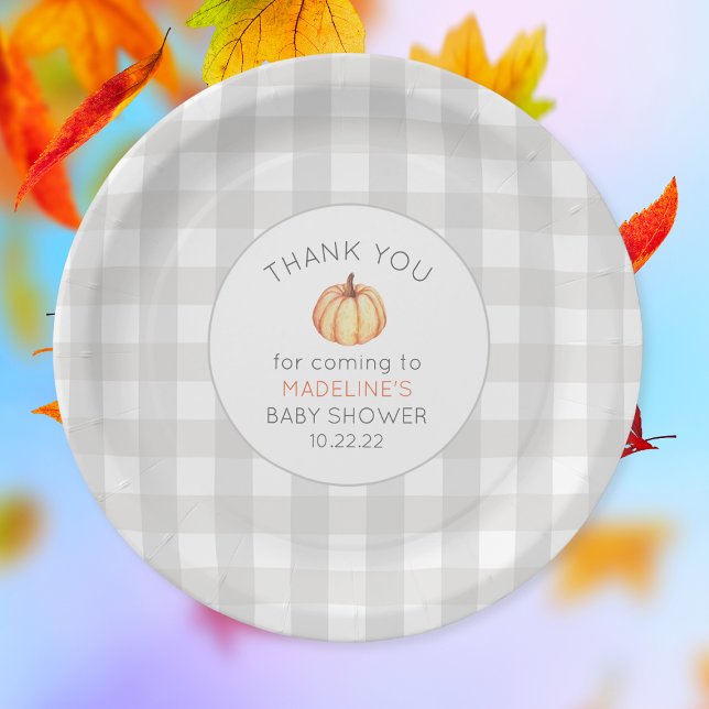 Fall pumpkin baby shower decor, neutral gingham paper plate (Creator Uploaded)