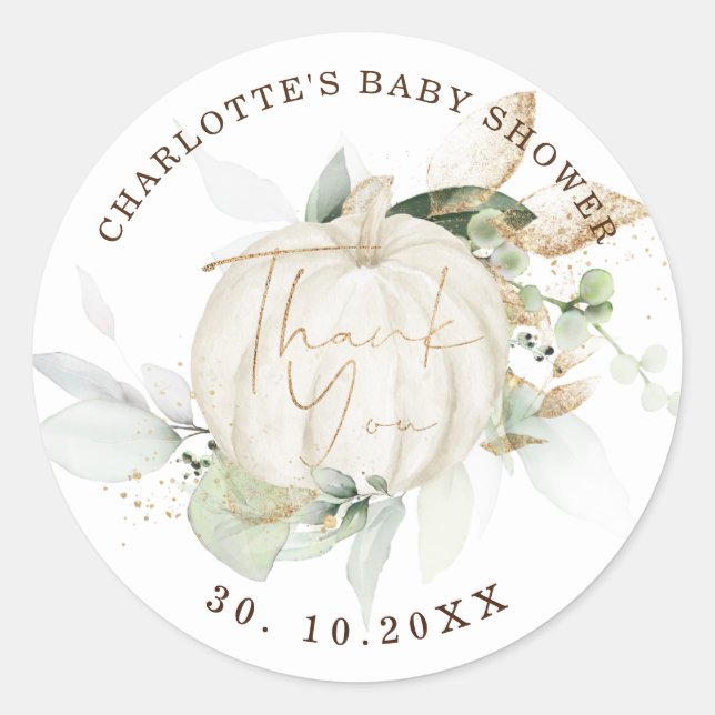 Fall Pumpkin Baby Shower Greenery Gold Favours Classic Round Sticker (Front)