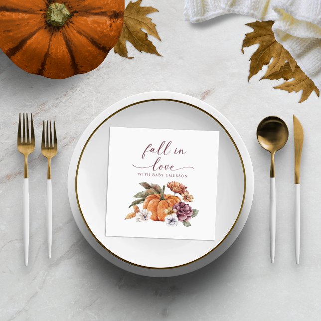 Fall Pumpkin Baby Shower Napkin (Fall In Love With Baby Watercolor Pumpkins and Florals Baby Shower Paper Napkin Decor)
