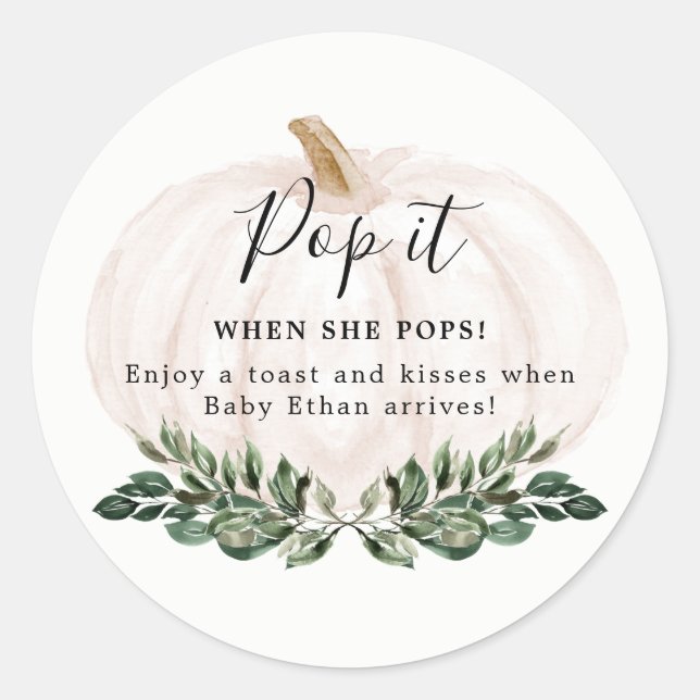 Fall Pumpkin Baby Shower Pop It When She Pops Classic Round Sticker (Front)