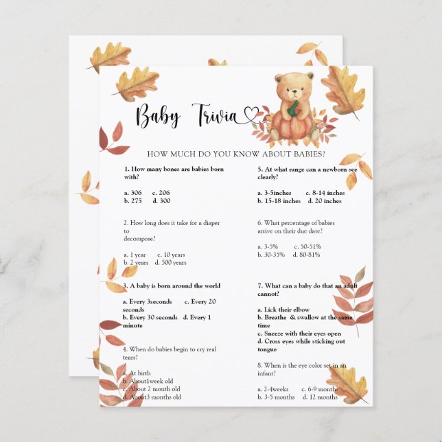 Fall pumpkin - Baby Trivia | Baby Shower Game (Front/Back)