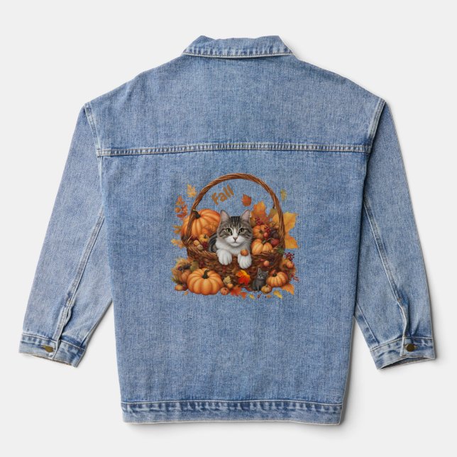 Fall Pumpkin Basket with Cute Cats  Denim Jacket (Back)