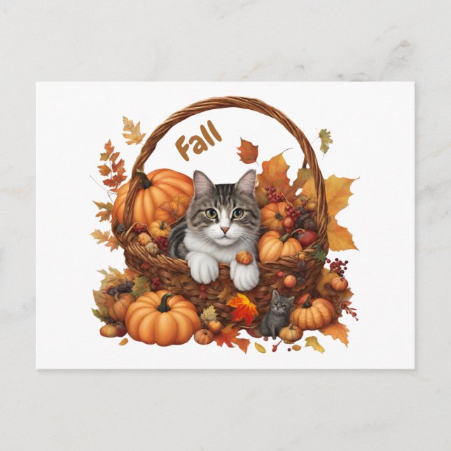 Fall Pumpkin Basket with Cute Cats  Postcard (Front)