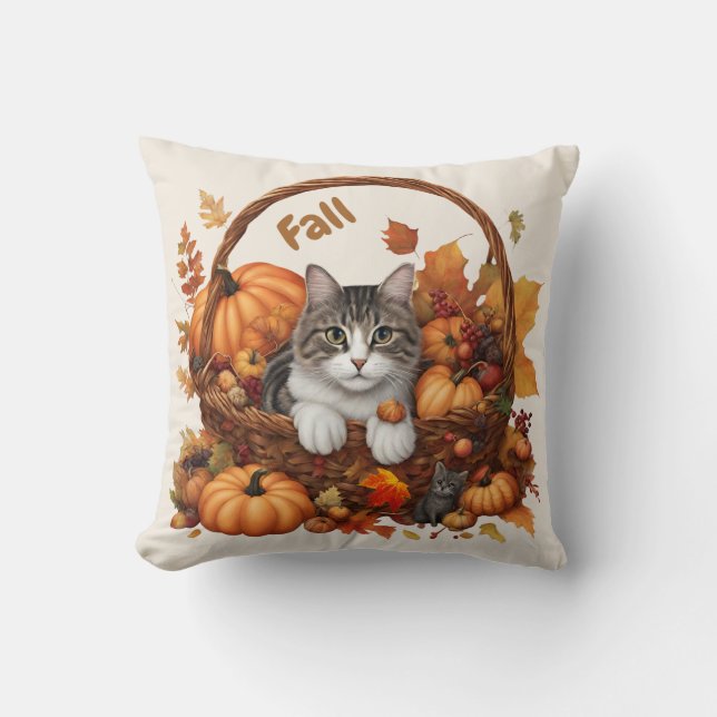 Fall Pumpkin Basket with Cute Cats  Throw Pillow (Front)