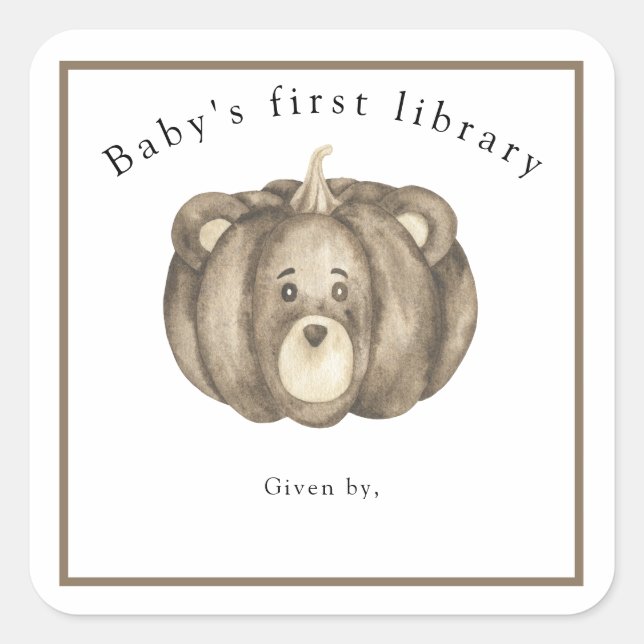 Fall pumpkin bear - baby's first library square sticker (Front)