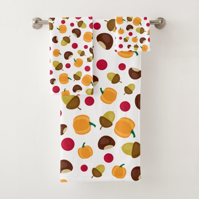 Fall Pumpkin Berries Chestnut Acorn Pattern Bath Towel Set (Insitu)