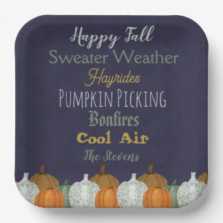 Fall Pumpkin blue background party invitation Paper Plate