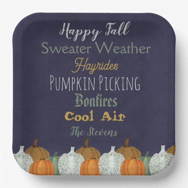 Fall Pumpkin blue background party invitation Paper Plate (Front)