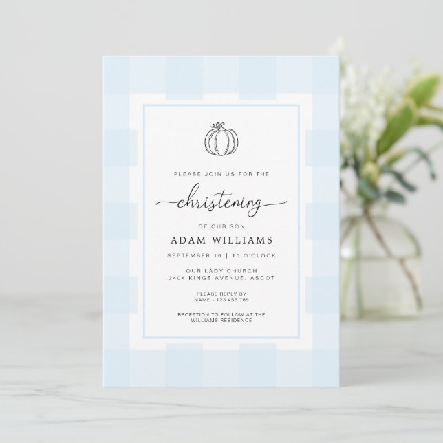 Fall Pumpkin Blue Gingham Christening Invitation (Standing Front)