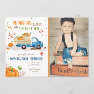 Fall Pumpkin Blue Truck Orange Green Boy Birthday Invitation