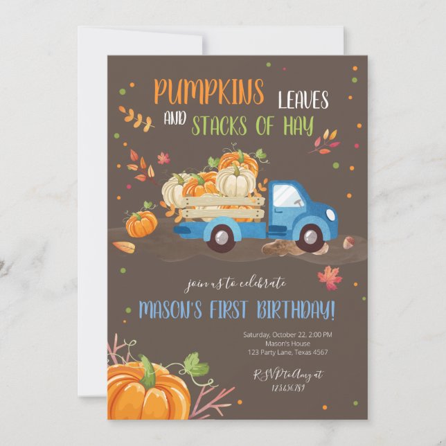 Fall Pumpkin Blue Truck Orange Green Boy Birthday Invitation (Front)