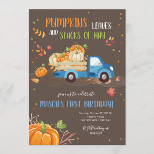 Fall Pumpkin Blue Truck Orange Green Boy Birthday Invitation