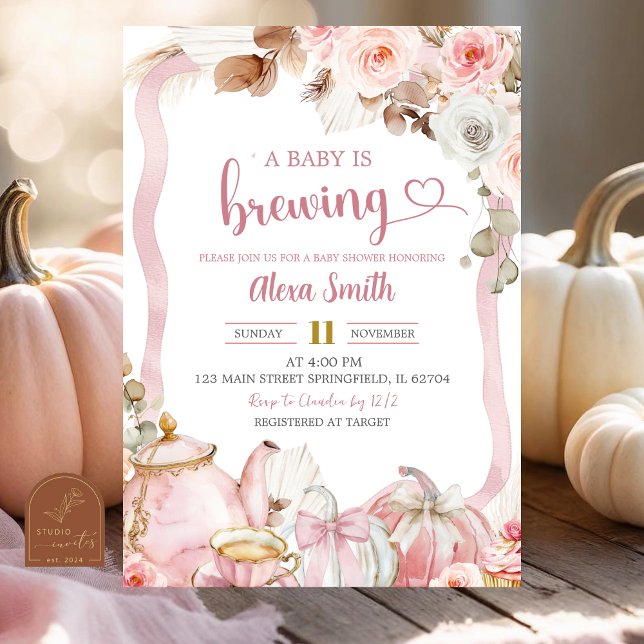  Fall Pumpkin Boho Coquette A Baby is Brewing Tea  Invitation (Creator Uploaded)