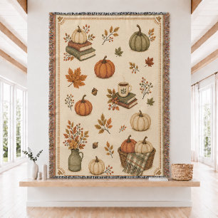 Fall Pumpkin & Books Woven Throw Blanket