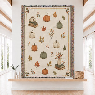 Fall Pumpkin & Books Woven Throw Blanket