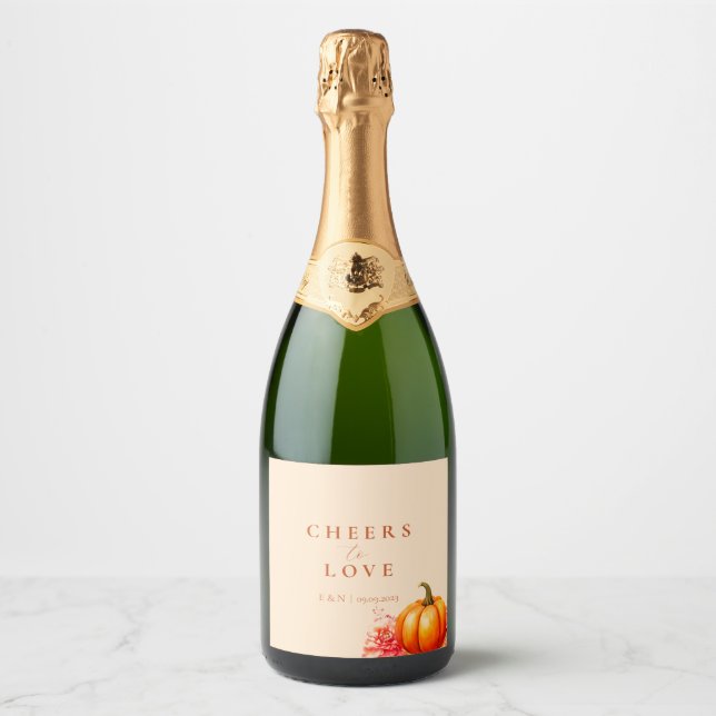 Fall Pumpkin Botanical Wedding  Sparkling Wine Label (Front)