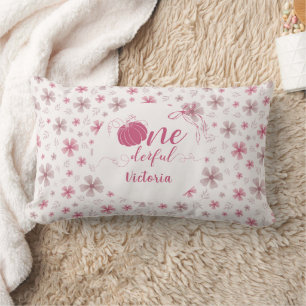 Fall Pumpkin Bow Pink Flowers Arch Birthday Lumbar Pillow