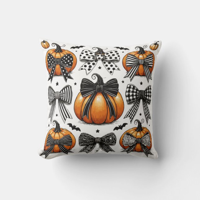 Fall Pumpkin Bow Throw Pillow (Front)
