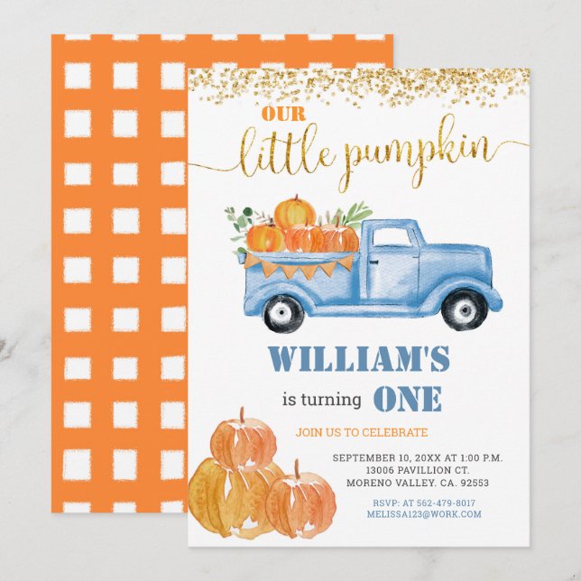 Fall Pumpkin Boy First little blue truck birthday Invitation (Front/Back)