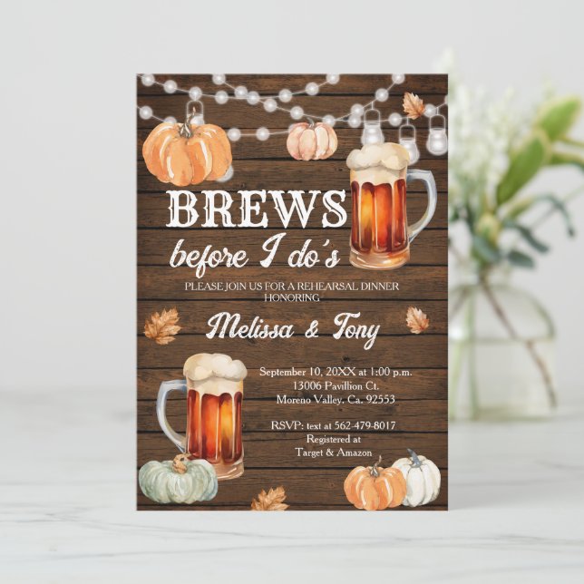 Fall Pumpkin Brews before I do's Rehearsal Dinner Invitation (Standing Front)