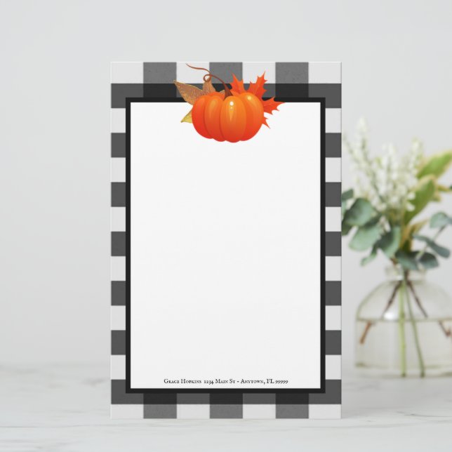 Fall Pumpkin Buffalo Plaid Personalized Stationery (Standing Front)