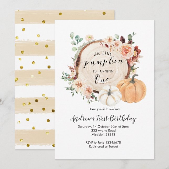 fall pumpkin burnt orange first birthday invitation (Front/Back)