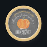 Fall Pumpkin Chalkboard | Baby Shower Paper Plate<br><div class="desc">This elegant and modern fall baby shower paper plate features a fall theme with a hand painted watercolor pumpkin on a chalkboard background. Text says "A sweet little pumpkin is on it's way,  Thank you for joining us for a Baby Shower." Personalize with the event date.</div>