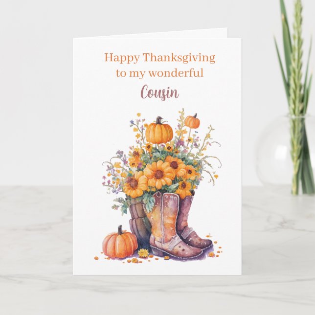 Fall Pumpkin Cowgirl Boots Thanksgiving Cousin Card (Front)
