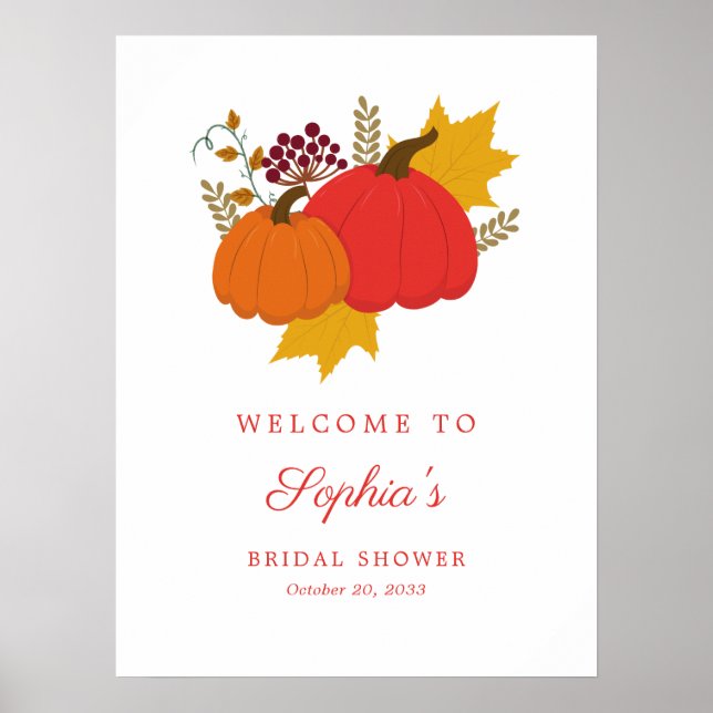 Fall Pumpkin Elegant Script Bridal Shower Welcome Poster (Front)