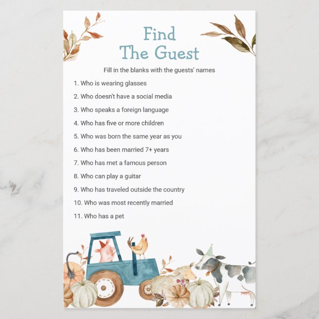 Fall Pumpkin Farm Animal Find the Guest Game (Front)