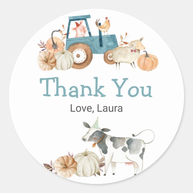 Fall Pumpkin Farm Animal Tractor Floral Classic Round Sticker (Front)