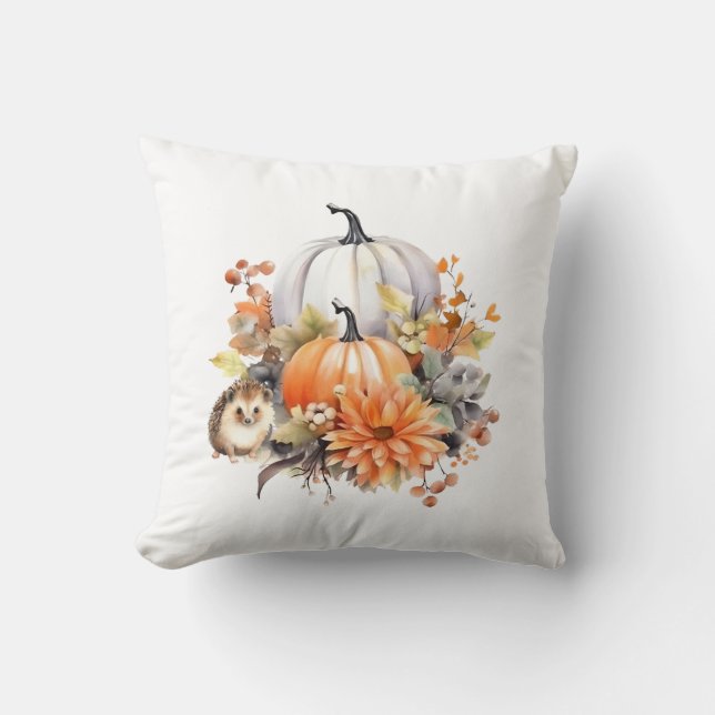 Fall Pumpkin Farmhouse with Cozy Hedgehog Throw Pillow (Front)