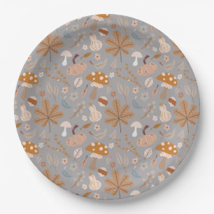 Fall Pumpkin Field with Fall Leaves and Mushrooms  Paper Plate