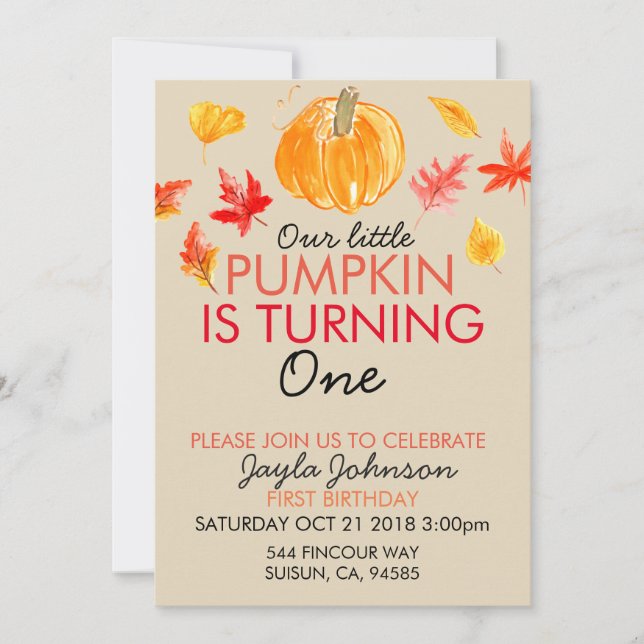 Fall pumpkin first birthday party invite (Front)