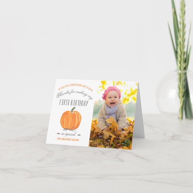 Fall Pumpkin | First Birthday Thank You with Photo (Front)