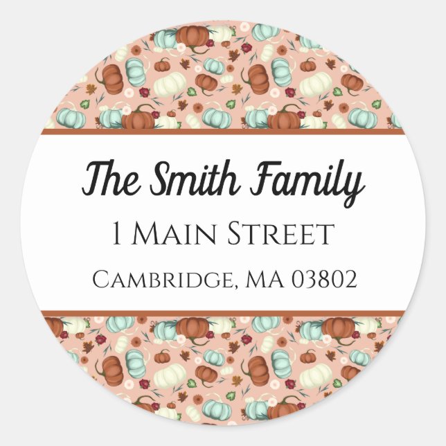 Fall Pumpkin Floral Address Classic Round Sticker (Front)