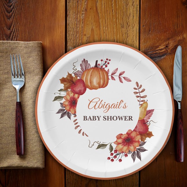 Fall Pumpkin Floral Autumn Baby Shower  Paper Plate (Creator Uploaded)