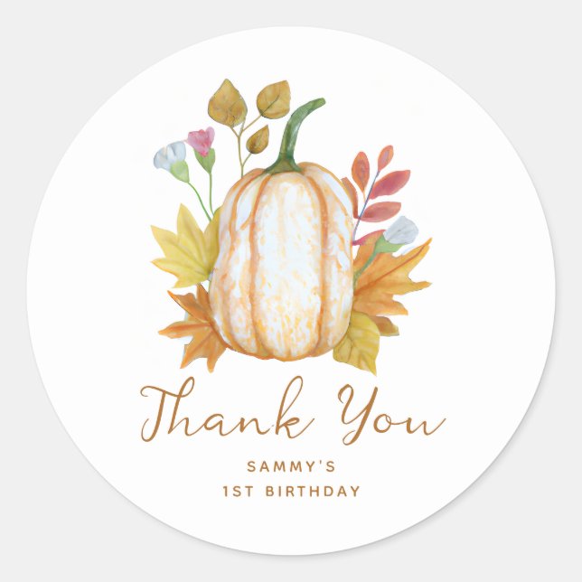 Fall Pumpkin Floral Birthday Thank You Favour Classic Round Sticker (Front)