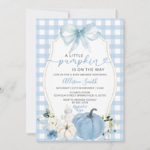 Fall Pumpkin Floral Bow Blue Gingham Baby Shower Invitation