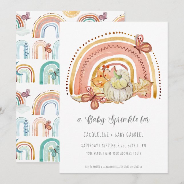 Fall Pumpkin Foliage Rainbow Mustard Peach Baby Invitation (Front/Back)