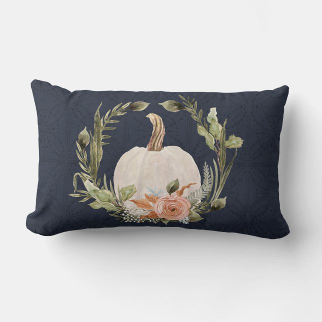 Fall Pumpkin Foliage Terracotta Floral Navy Blue   Lumbar Pillow (Front)