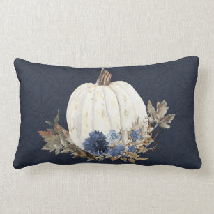 Fall Pumpkin Foliage Watercolor Navy Blue Floral Lumbar Pillow